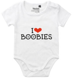 oekologisk baby bodystocking i love boobies hvid